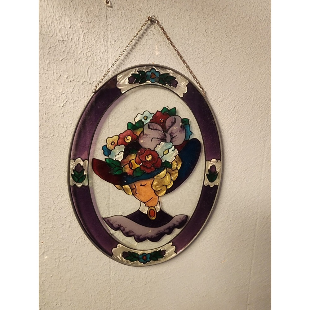Vintage‎ Stained Glass Victorian Woman Hanging Wall Art, Joan Baker 9×7 Inch
